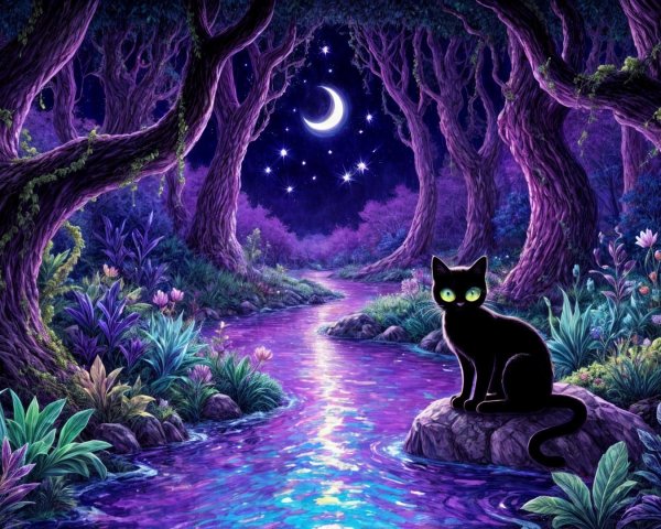 Mystical Forest Scene with Black Cat and Shimmering River