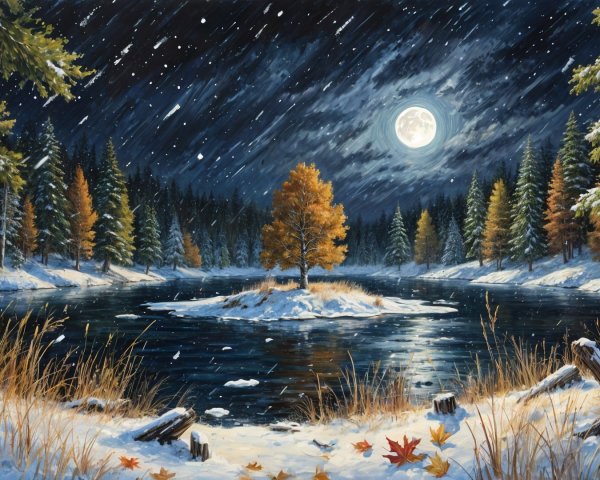 Serene Winter Landscape with Moonlit River Scene