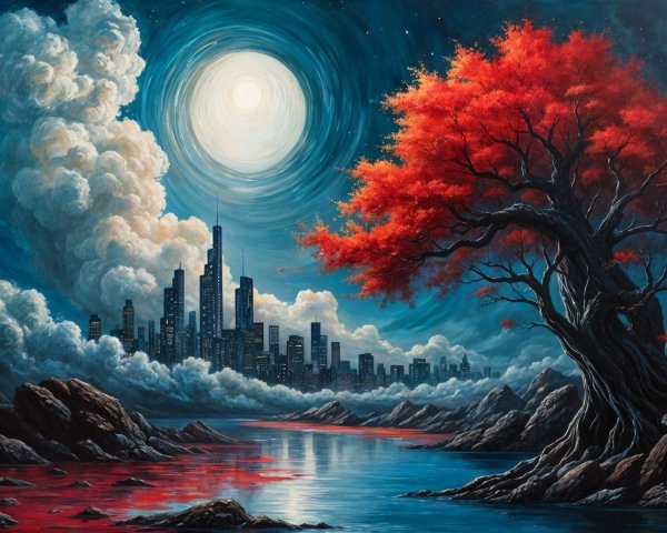 Surreal Landscape with Red Tree and Futuristic City