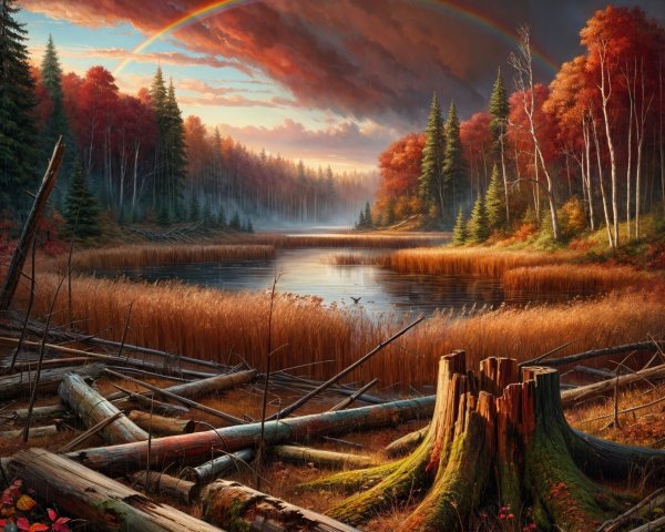 Tranquil Pond with Autumn Colors and Rainbow Sky