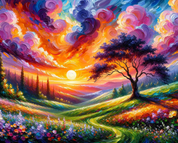 Vibrant Sunset Landscape with Colorful Wildflowers