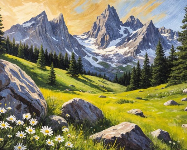 Vibrant Landscape with Snow-Capped Mountains and Meadow