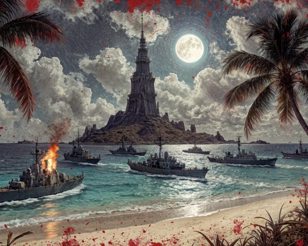 Dramatic Seascape with Lighthouse and Warships