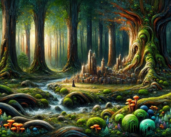 Enchanted forest with hidden city and vibrant nature