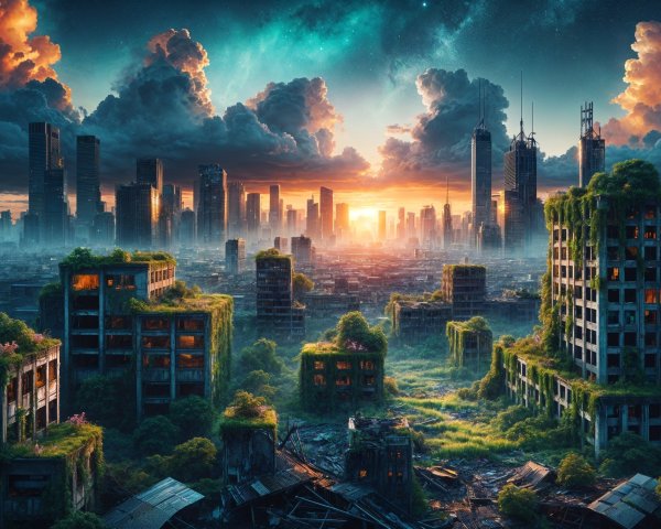 Post-Apocalyptic Cityscape at Sunset with Nature