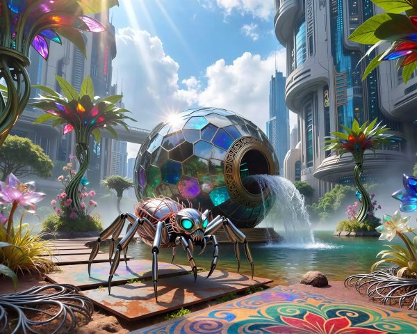Futuristic city park with iridescent fountain and flora