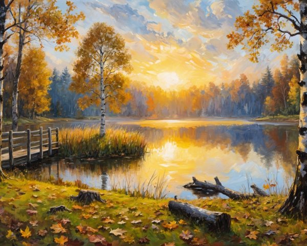 Autumn Lakeside Scene with Birch Trees and Sunset