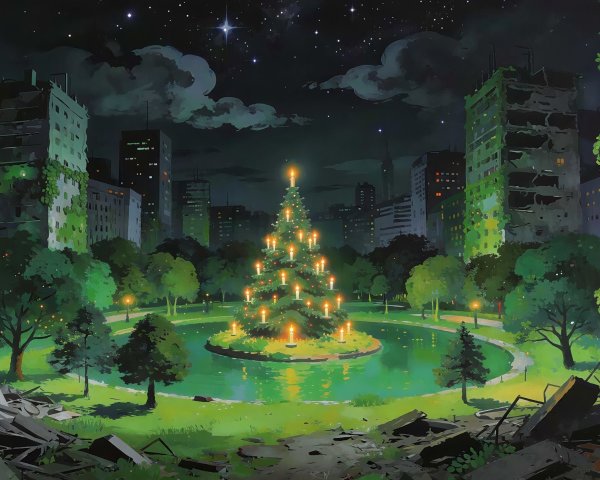 Abandoned City Night Scene with Lush Pond and Tree
