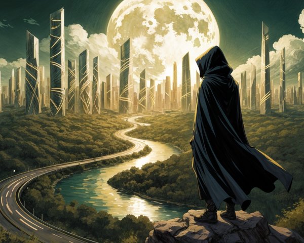 Cloaked Figure Overlooks Futuristic Valley Landscape