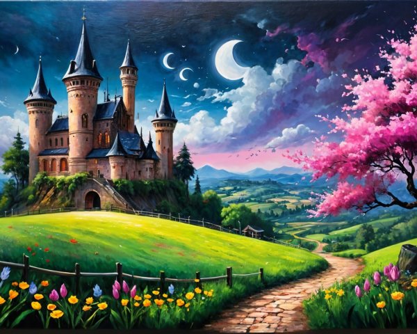 Majestic castle on a hill with vibrant landscape elements