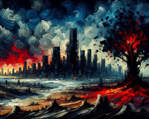 Dramatic Landscape with City Skyline and Solitary Tree
