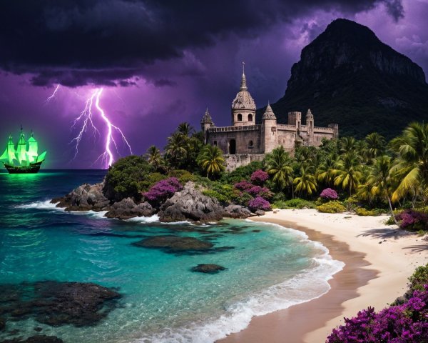 Dramatic seascape with castle, palm trees, and lightning