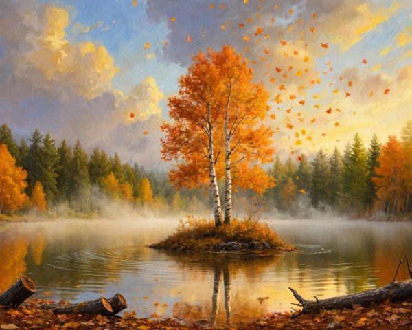 Solitary Birch Tree on an Autumn Lake Island