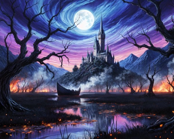 Haunting Landscape with Dark Castle and Full Moon