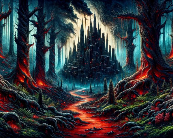 Dark Surreal Forest with Twisted Trees and Citadel