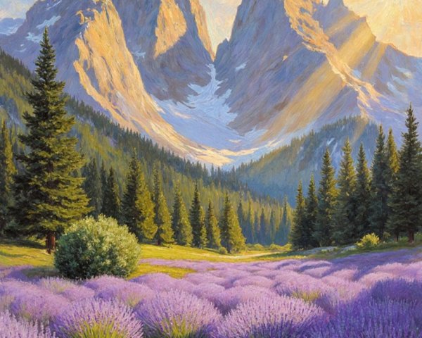 Mountainous Sunrise Landscape with Lavender Fields