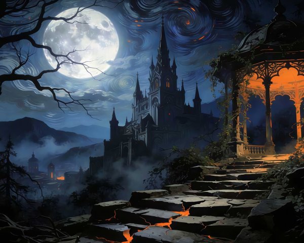 Dark Fantasy Scene with Moon and Gothic Castle