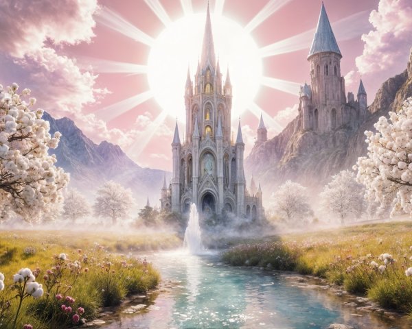Majestic Castle Surrounded by Mountains and Flora