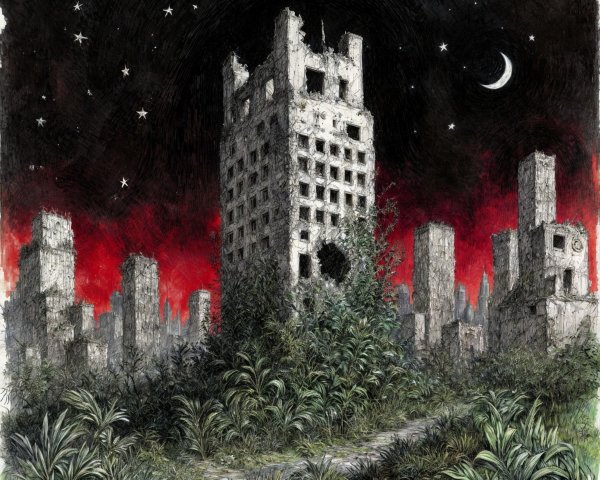 Desolate Urban Landscape with Abandoned Skyscraper
