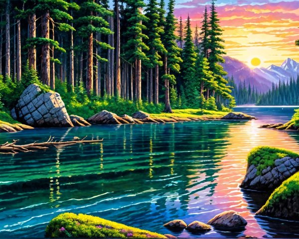Tranquil Riverscape at Sunset with Evergreen Trees