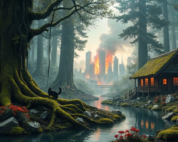 Ancient Tree and Cabin by River Amidst City Chaos