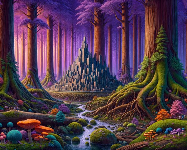 Enchanted forest with purple trees and dark stone pyramid