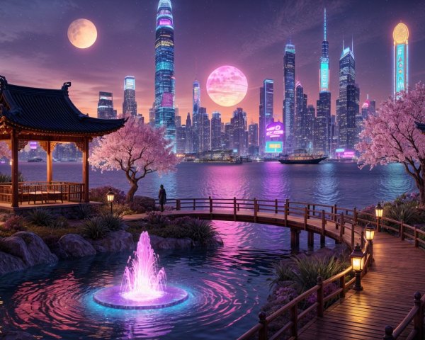 Futuristic City Skyline with Twilight Landscape Elements