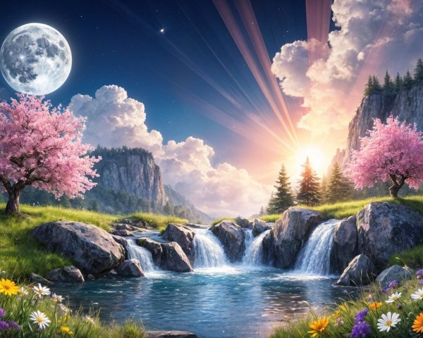 Serene Landscape with Cherry Blossoms and Waterfalls