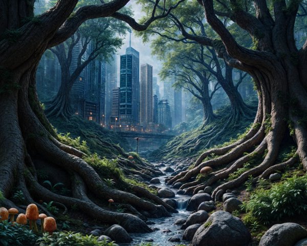 Mystical Forest Meets Futuristic Cityscape Contrast