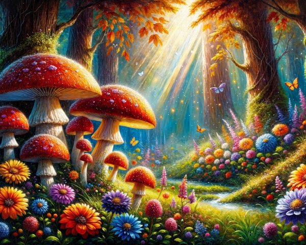 Vibrant forest scene with colorful mushrooms and flowers
