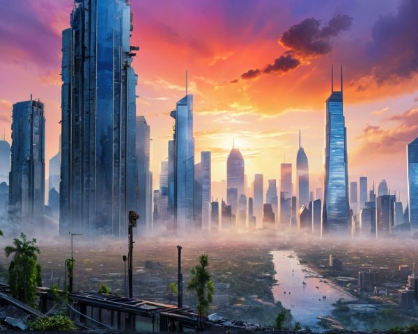 Futuristic cityscape at sunset with lush palm trees