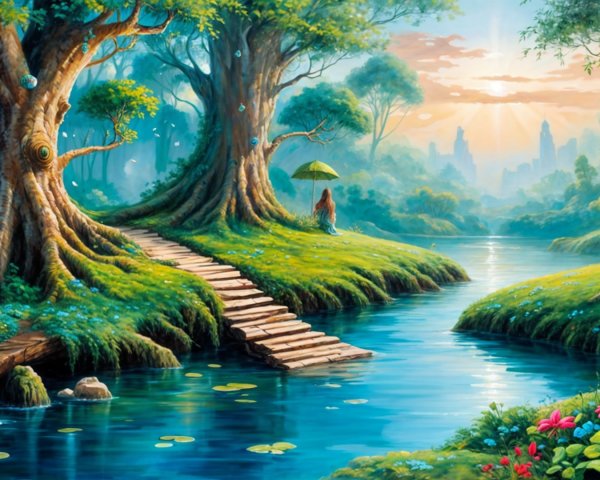 Enchanting Landscape with River and Wooden Bridge