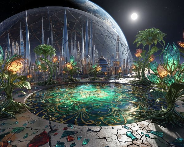 Futuristic cityscape under a dome with alien flora at night