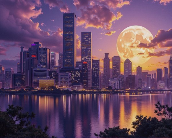 Vibrant City Skyline Under Full Moon at Twilight