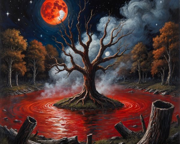 Desolate Tree in Crimson Lake Under Glowing Red Moon