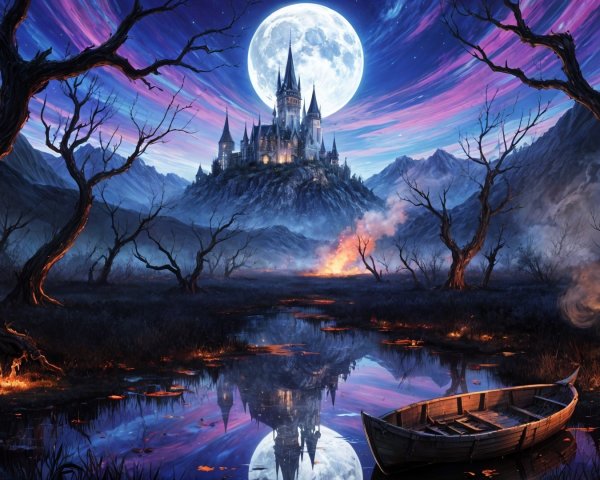 Mystical Landscape with Dark Castle and Vibrant Sky