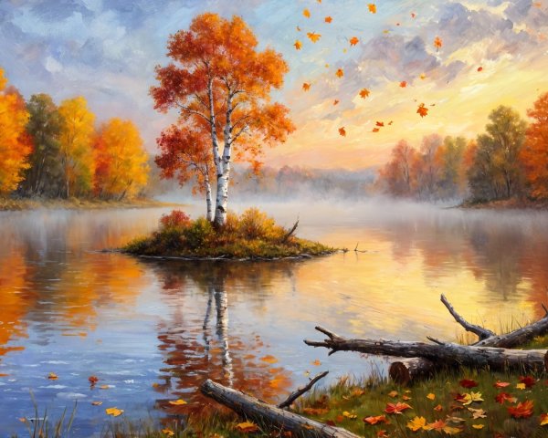 Autumn Landscape with Tree and Reflective River