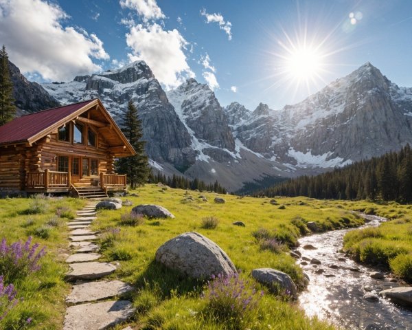 Wooden cabin in a valley with mountains and stream