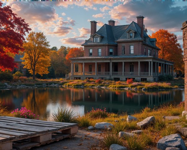 Historic House by Serene Pond in Autumn Foliage