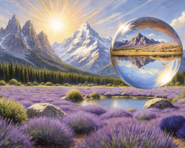 Serene Landscape with Mountains and Lavender Fields