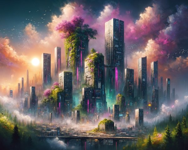 Futuristic cityscape with greenery at sunset