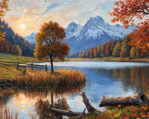 Tranquil Lake Landscape with Autumn Foliage and Mountains