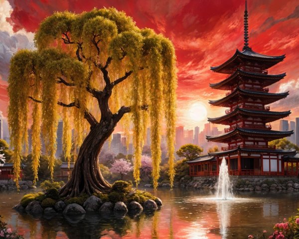Serene Landscape with Sunset, Pagoda, and Skyline