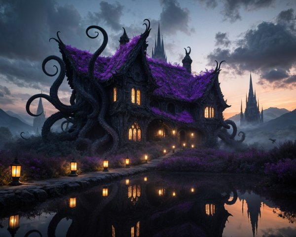 Whimsical House with Purple Foliage and Twilight Setting