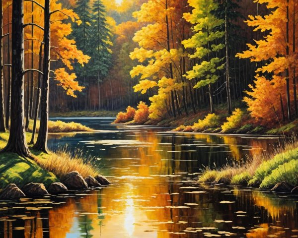 Autumn River Scene with Vibrant Foliage and Ducks