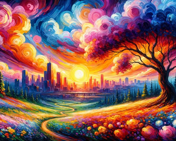 Vibrant Sunset Over City Skyline with Tree and Flowers