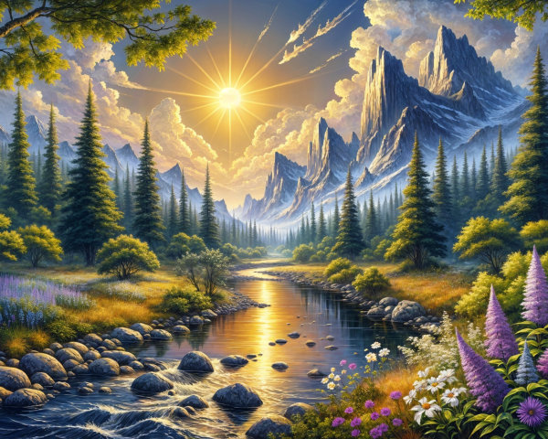 Tranquil River and Sunrise Over Majestic Mountains