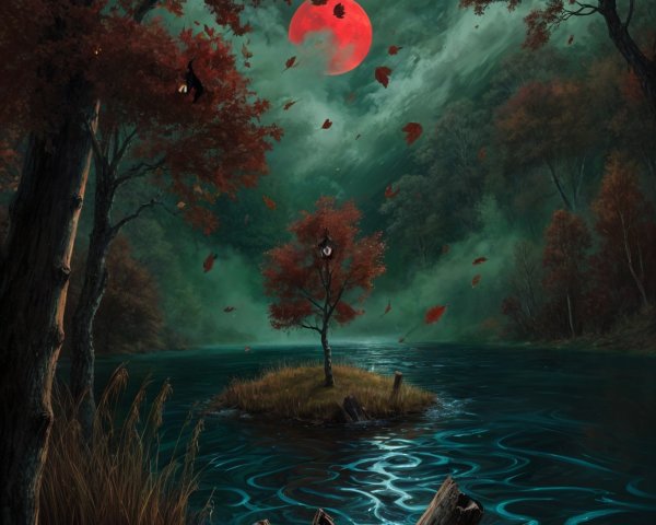 Mystical Landscape with Red Moon and Tranquil Lake