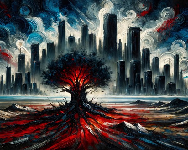 Dramatic Landscape with Gnarled Tree and Skyscrapers