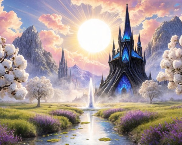 Majestic castle in vibrant landscape with serene stream